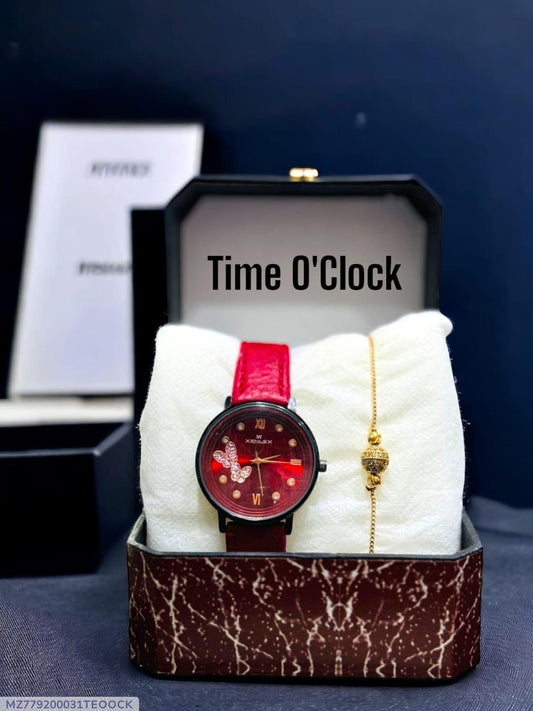 Ladies Wrist Watch with Bracelet Set - Red Strip