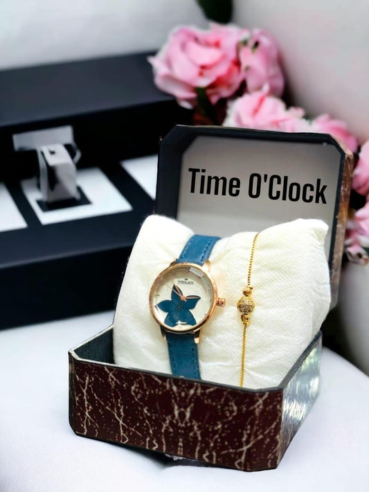Ladies Wrist Watch with Bracelet Set - Blue Strip